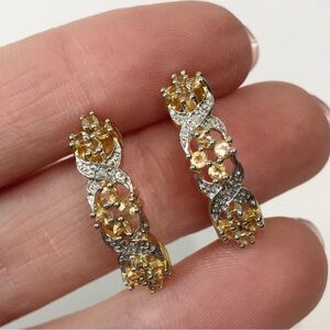 Signed Citrine CZ Earrings 925 Sterling Silver Art Deco Half Hoop Gold Plated